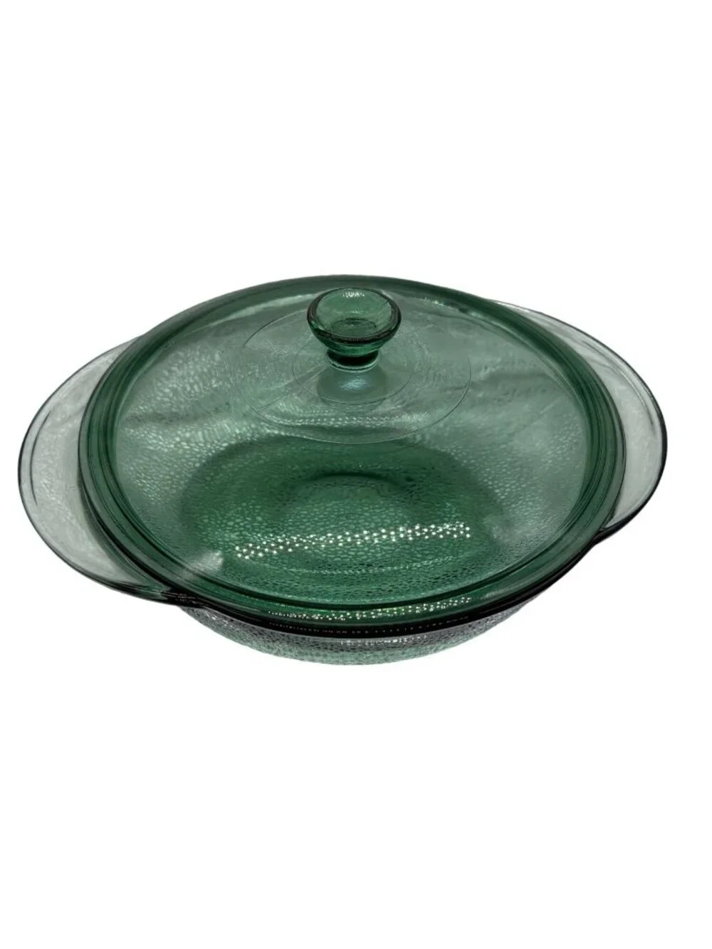 Anchor Hocking Vintage Green Glass Covered Casserole Dish 2 Quart Textured Bubbl
